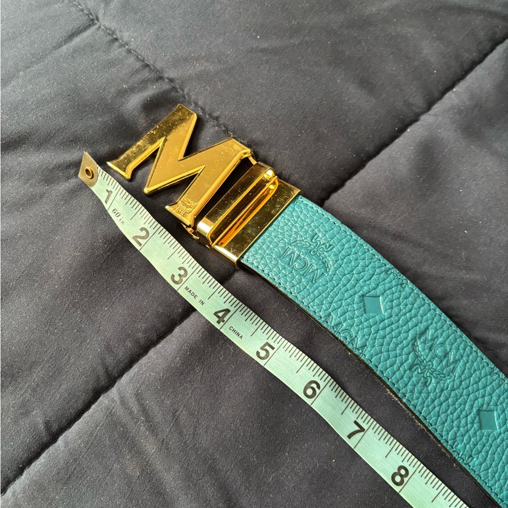 Luxury MCM Teal Leather Belt with Gold Buckle